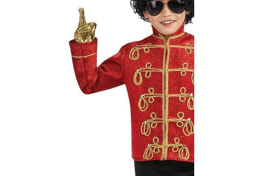 Red Michael Jackson kids military jacket costume, perfect for dress-up and home play.