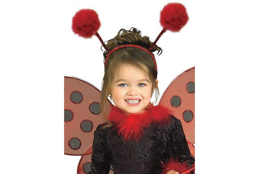 Kids glittery ladybug costume with wings and headband for playtime or dress-up at home.