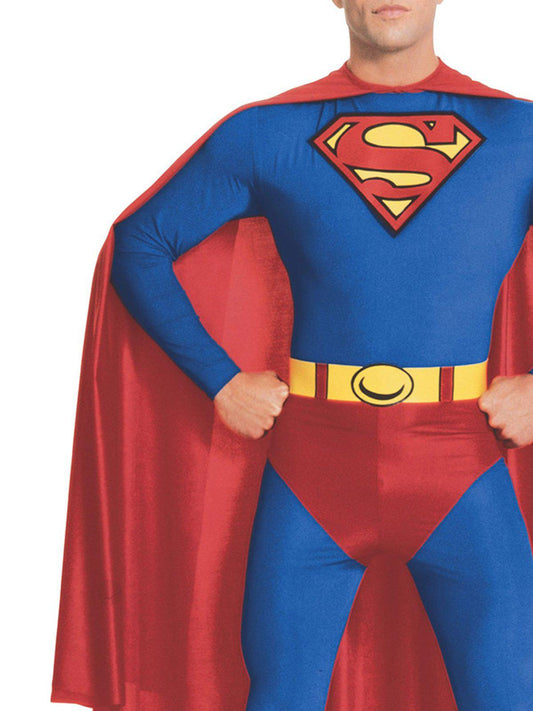 Superman adult costume with official DC Comics license for childrens dress-up play at home.