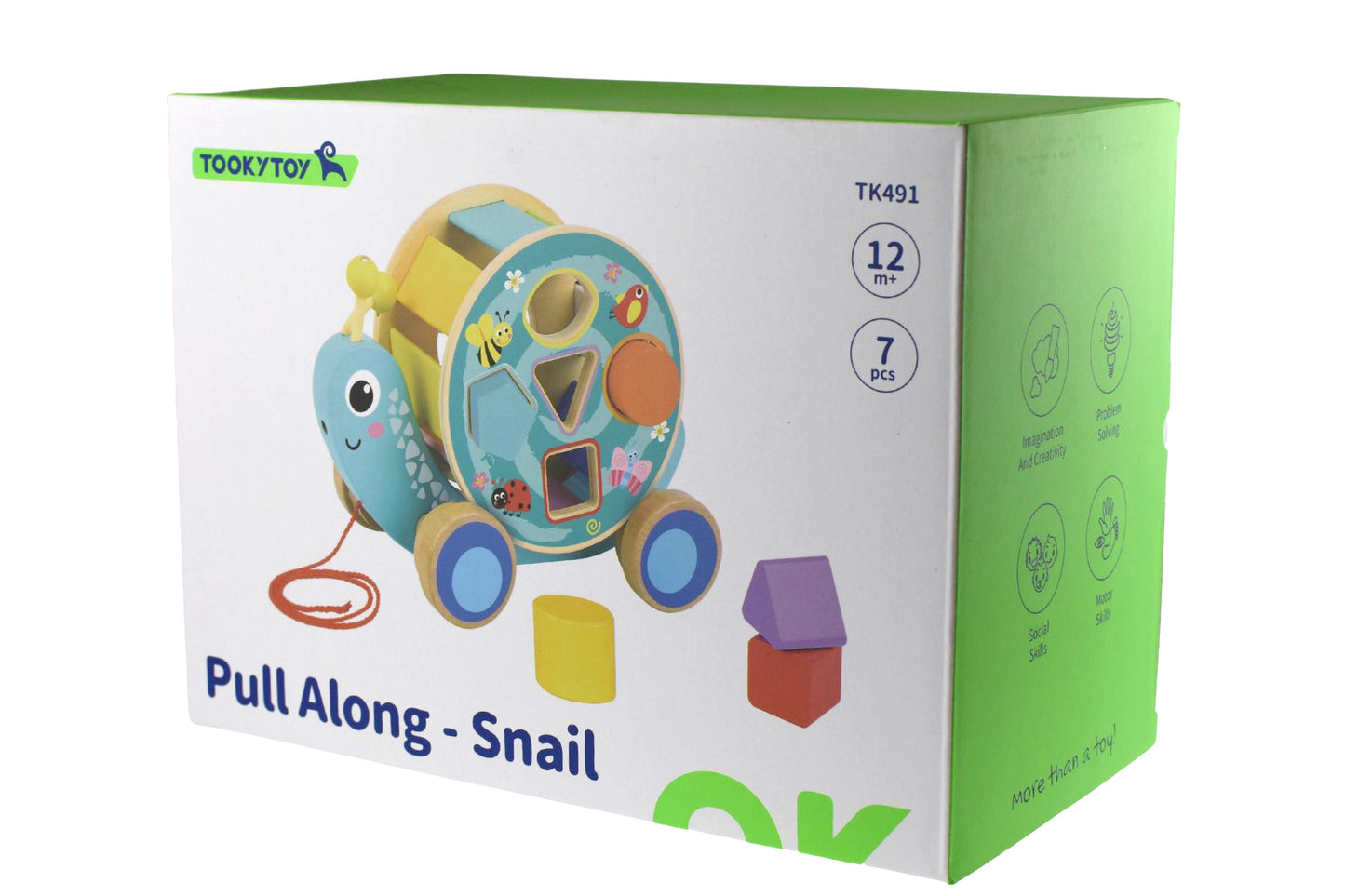 Colorful pull along snail toy with rolling wheel and stacking blocks for interactive learning.