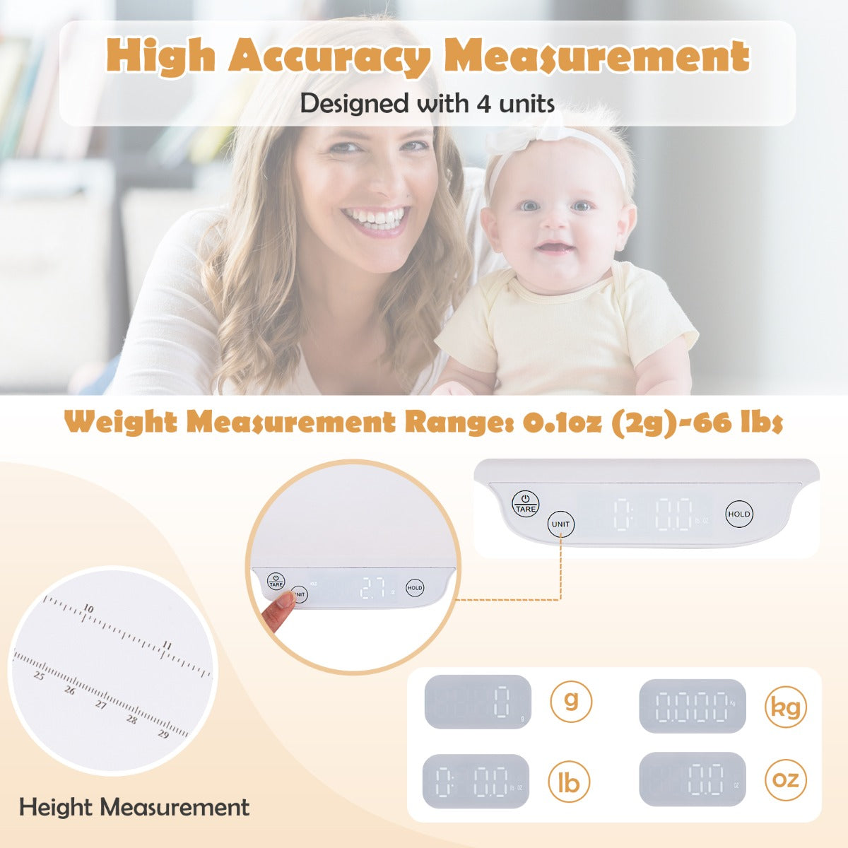Smart baby scale with app for infant growth monitoring and health tracking at home.