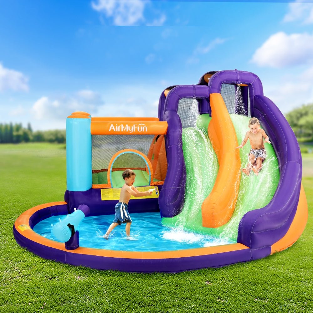 Inflatable water slide with double slide design for kids outdoor splash and play. Inflatable water slide with double slide design for kids outdoor splash and play.