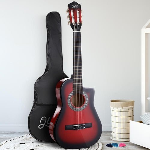 Alpha 34 Inch Acoustic Guitar in Red, ideal 1/2 size for young beginners at home.