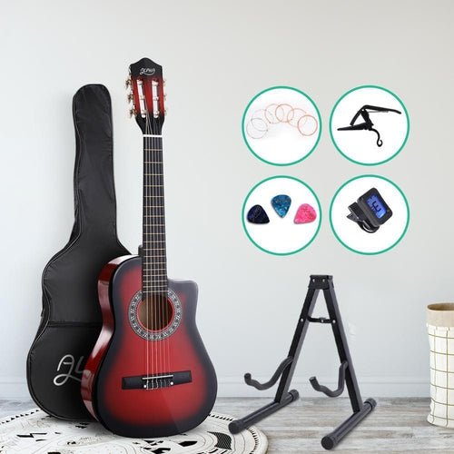 Kids 1/2 size red acoustic guitar with capo tuner, perfect for young musicians at home. Kids 1/2 size red acoustic guitar with capo tuner, perfect for young musicians at home.