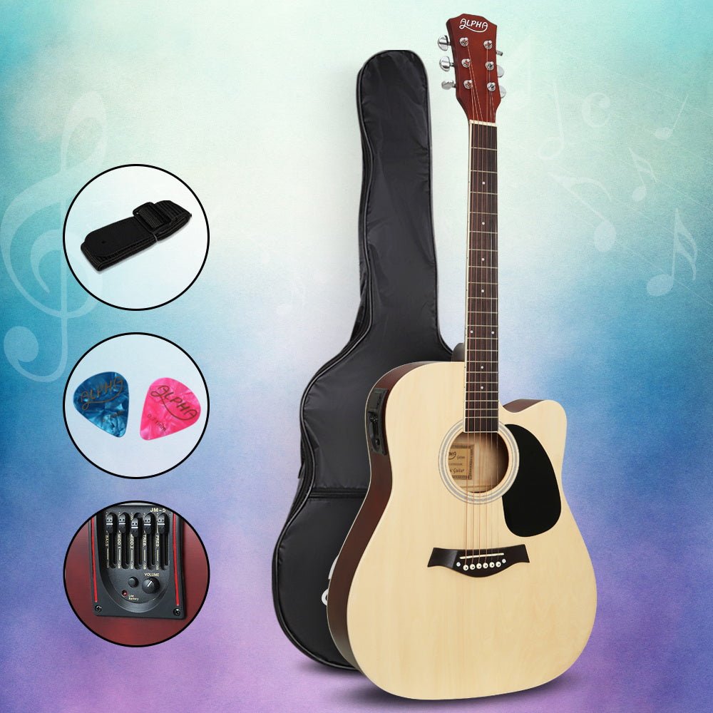 Alpha 5-Band EQ 41 Electric Acoustic Guitar - Natural Wood, ideal for kids musical learning. Alpha 5-Band EQ 41 Electric Acoustic Guitar - Natural Wood, ideal for kids musical learning.