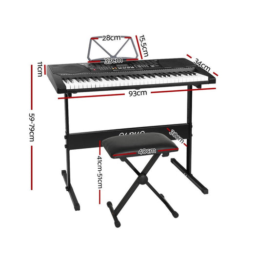 Colorful 61-key electric piano set with LED lights, stand, and stool for kids music fun.