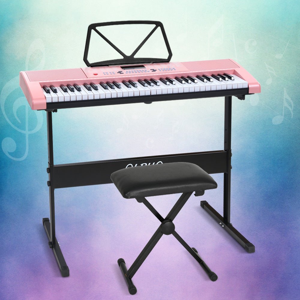Alpha 61 Key Pink Digital Piano with Stand and Stool, perfect for kids music practice. Alpha 61 Key Pink Digital Piano with Stand and Stool, perfect for kids music practice.