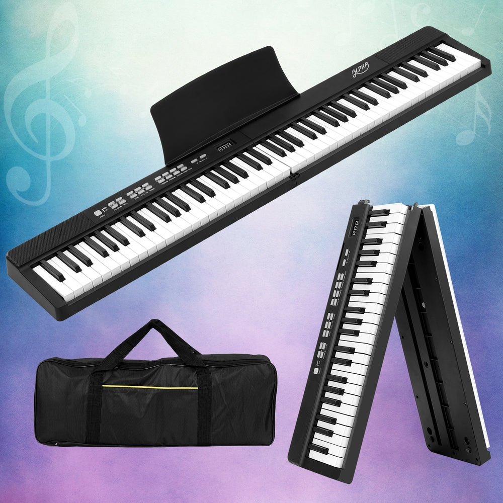 Portable 88-key electronic piano keyboard with foldable design and carry bag for kids. Portable 88-key electronic piano keyboard with foldable design and carry bag for kids.