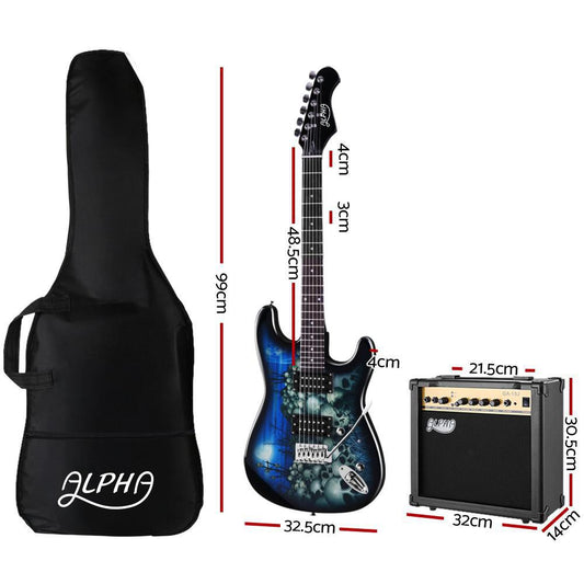 Blue electric guitar set with amp and carry bag for kids home music practice.