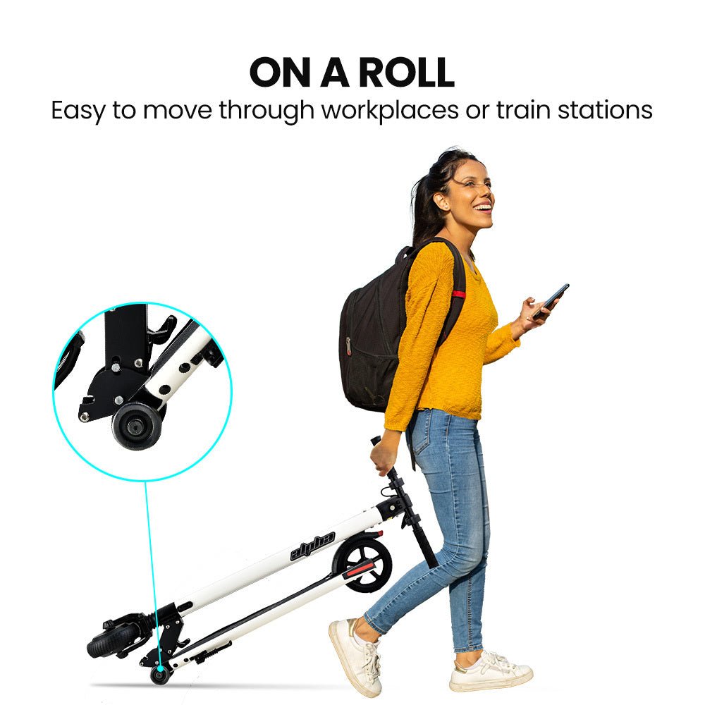 Alpha Peak 300W Electric Scooter in white for kids outdoor adventures. 10Ah battery capacity. Alpha Peak 300W Electric Scooter in white for kids outdoor adventures. 10Ah battery capacity.