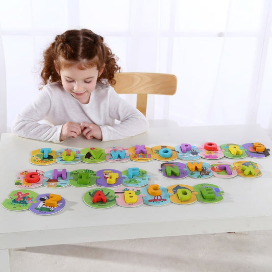 Colorful alphabet puzzle set in portable box for educational play and storage at home.