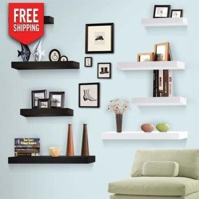 Kids white floating wall shelves set with modern design for bedroom or playroom décor.