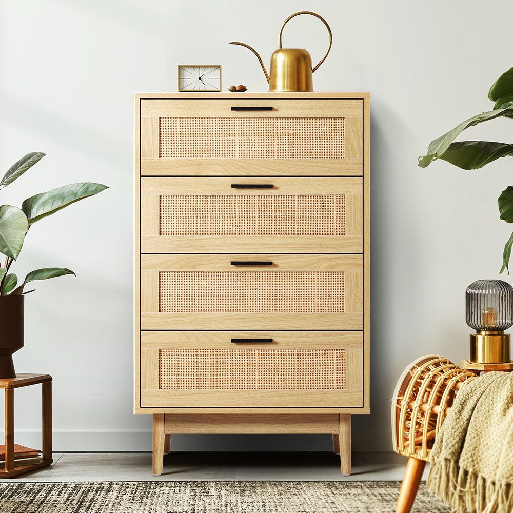 Artiss 4-Drawer Rattan Tallboy Cabinet for Kids Bedroom Clothes Storage, Wooden Design