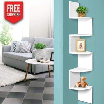White 5 Tier Corner Wall Shelf for Kids Room Organization and Display