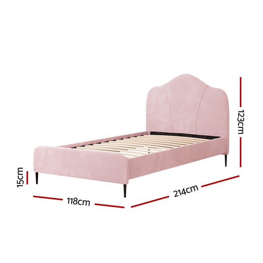 Pink velvet king single bed frame designed for childrens bedrooms with elegant style.
