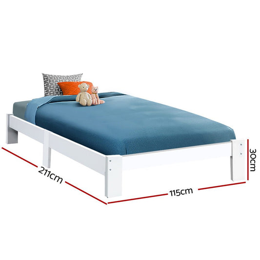 King Single wooden bed frame with timber platform for childrens room decor.