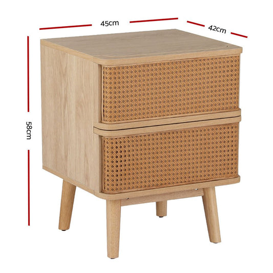 Childrens rattan bedside table with 2 drawers for bedroom storage, perfect for kids room.
