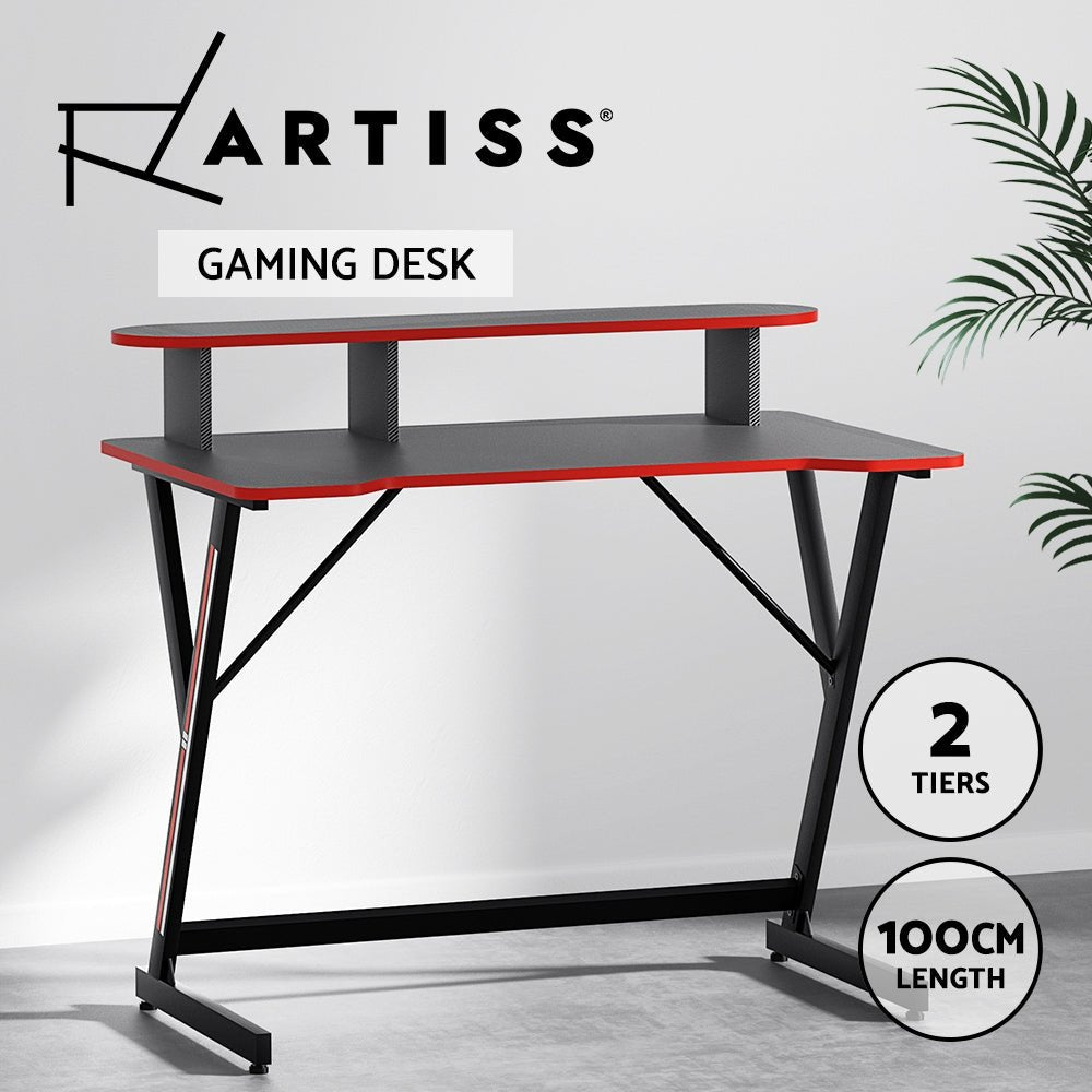 Artiss Gaming Desk Computer DesKing Single Table 2-Tiers Storage Study Home Ofiice 100CM