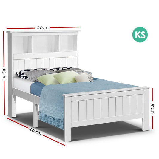 White wooden storage bed frame for kids and adults, featuring spacious drawers for organization.