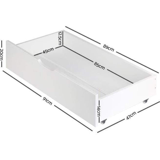 White wooden trundle drawers, set of 2, ideal for childrens bedroom storage solution.