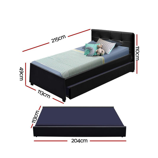 Artiss King Single Black Leather Trundle Bed Frame - Perfect for kids sleepovers.
