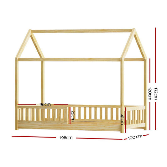 Single size house frame bed with pine timber base, perfect for childrens bedrooms.