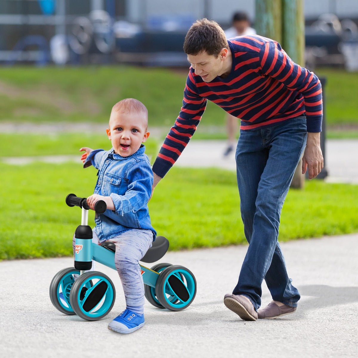 Easy Handling: Blue Baby Balance Bike with 4 Wheels Easy Handling: Blue Baby Balance Bike with 4 Wheels