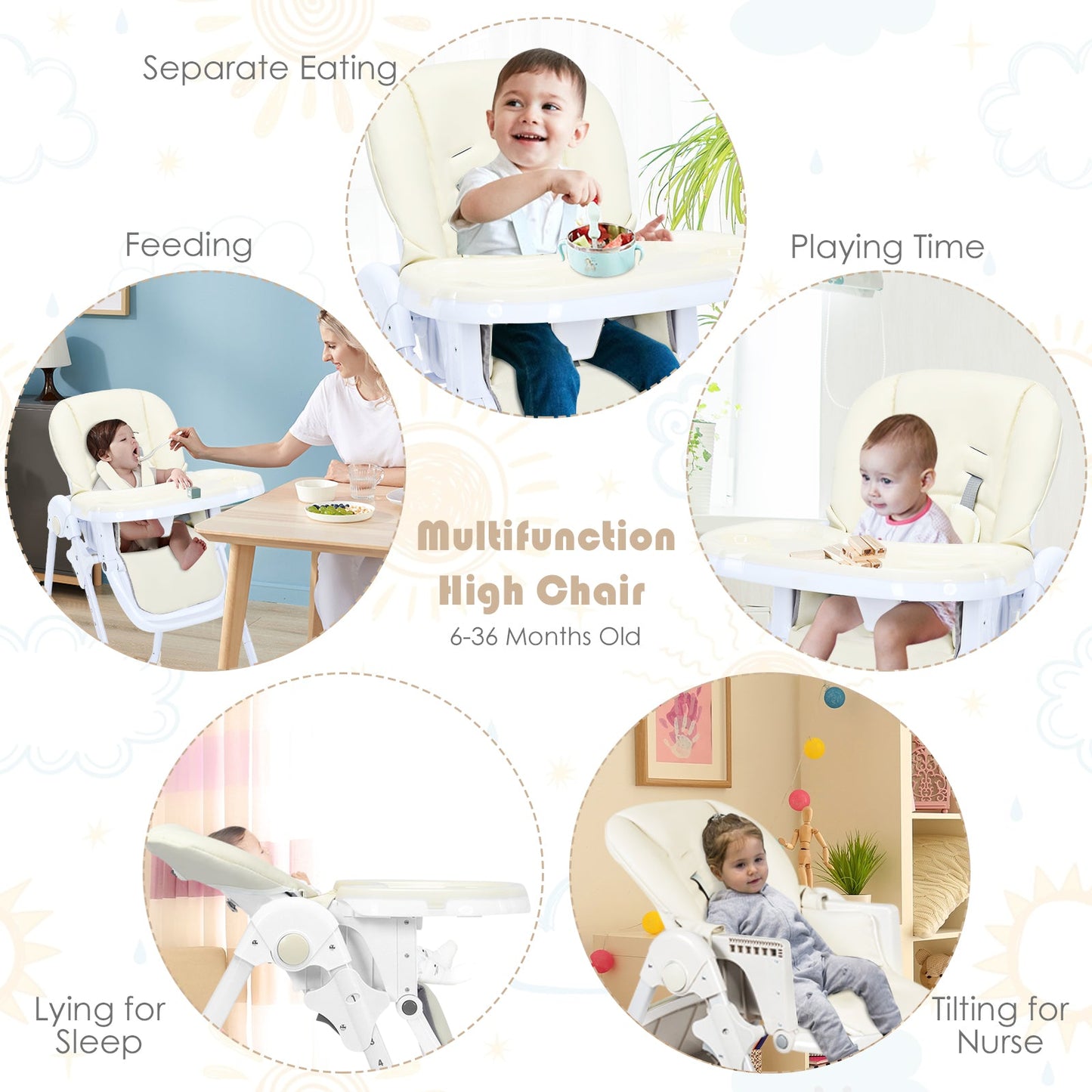 Foldable Beige High Chair for Babies - Adjustable Recline, Convertible