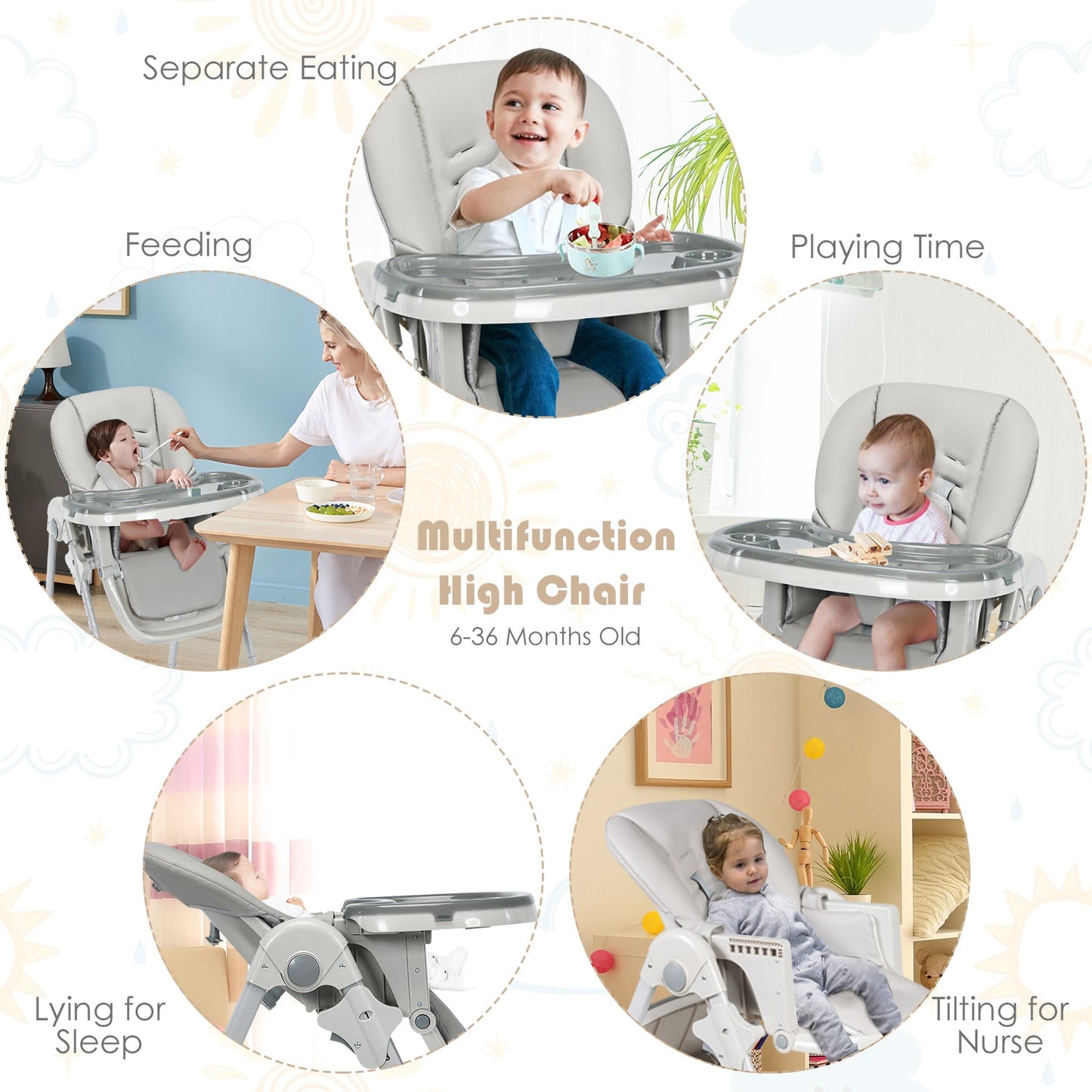Foldable Grey High Chair for Babies - Adjustable Recline, Convertible