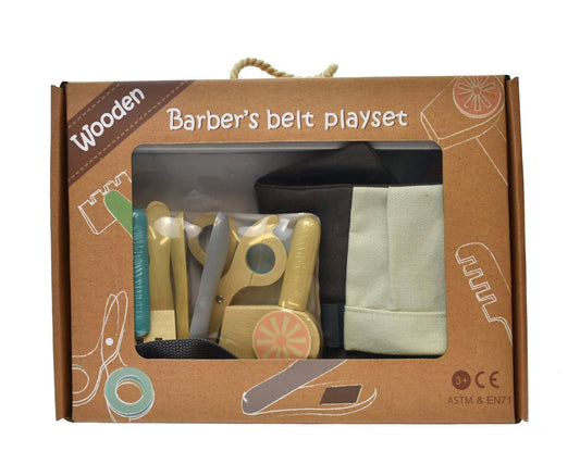 Colorful barber belt playset for creative kids hairstyling and role-playing at home.