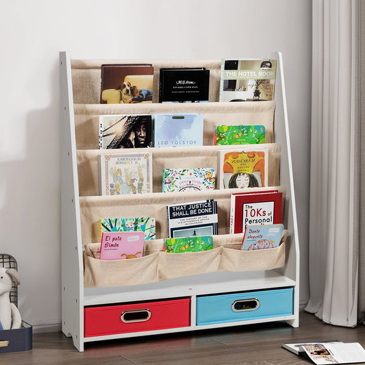 Beige Wood Bookshelf - 2 Storage Boxes, Neat Book Organization