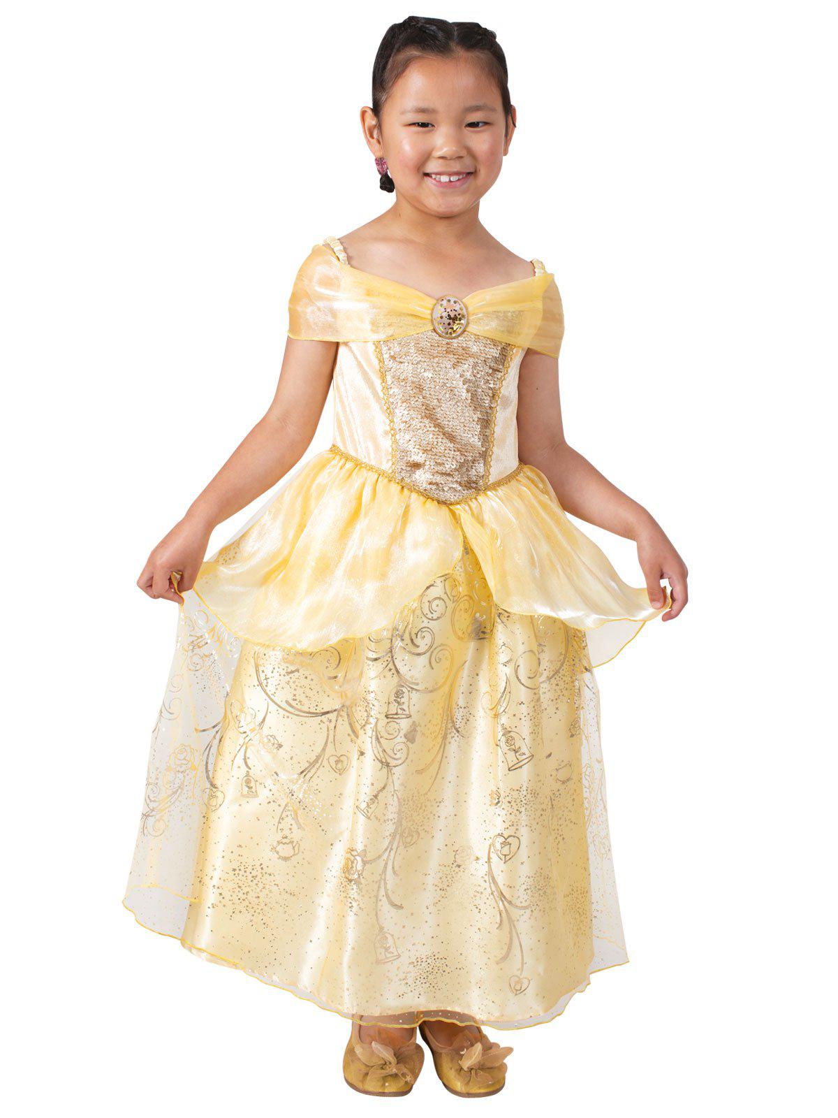 Disney Belle Princess Costume Elegant Gold Pink Dress for Kids