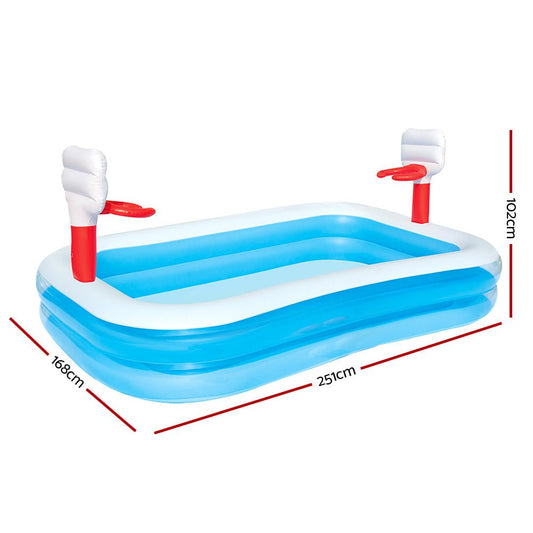 Inflatable swimming pool with basketball hoops for fun backyard play, perfect for kids summer.