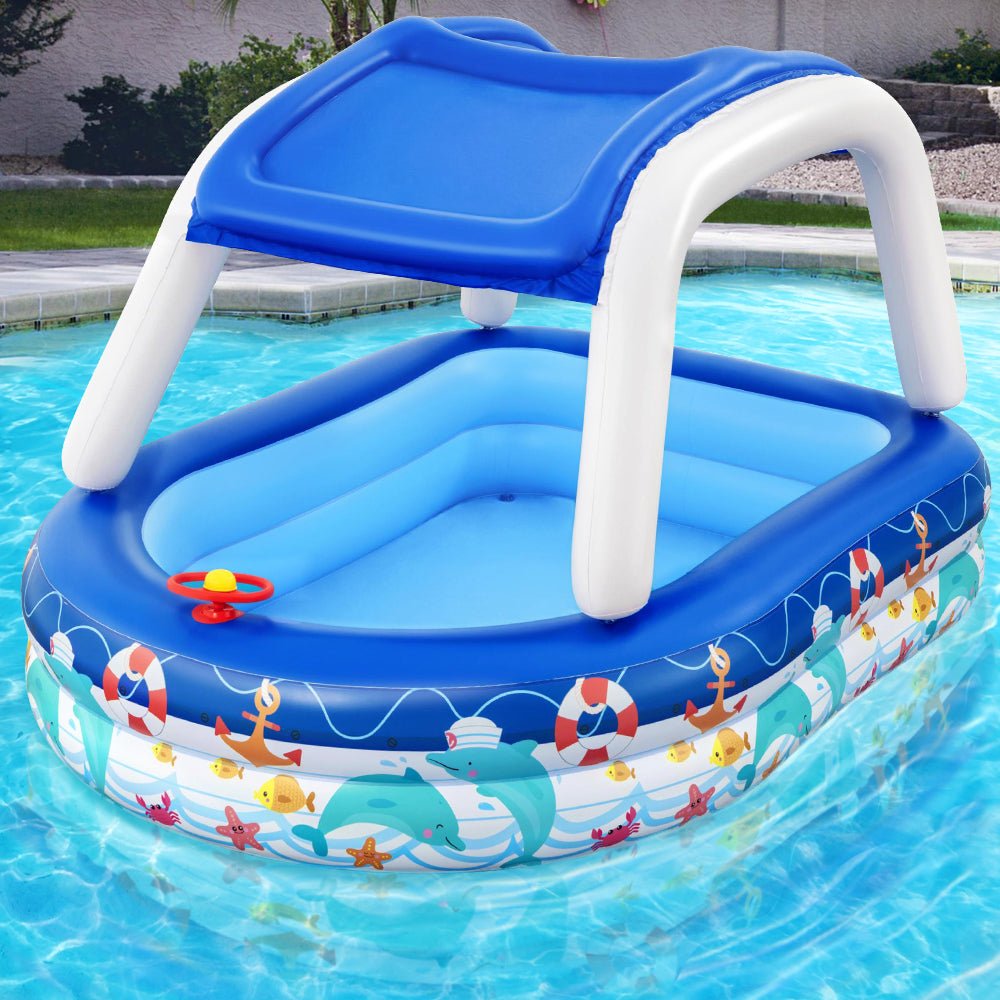 Bestway Sea Captain Kids Pool with Canopy sunshade for fun backyard play and sun protection.