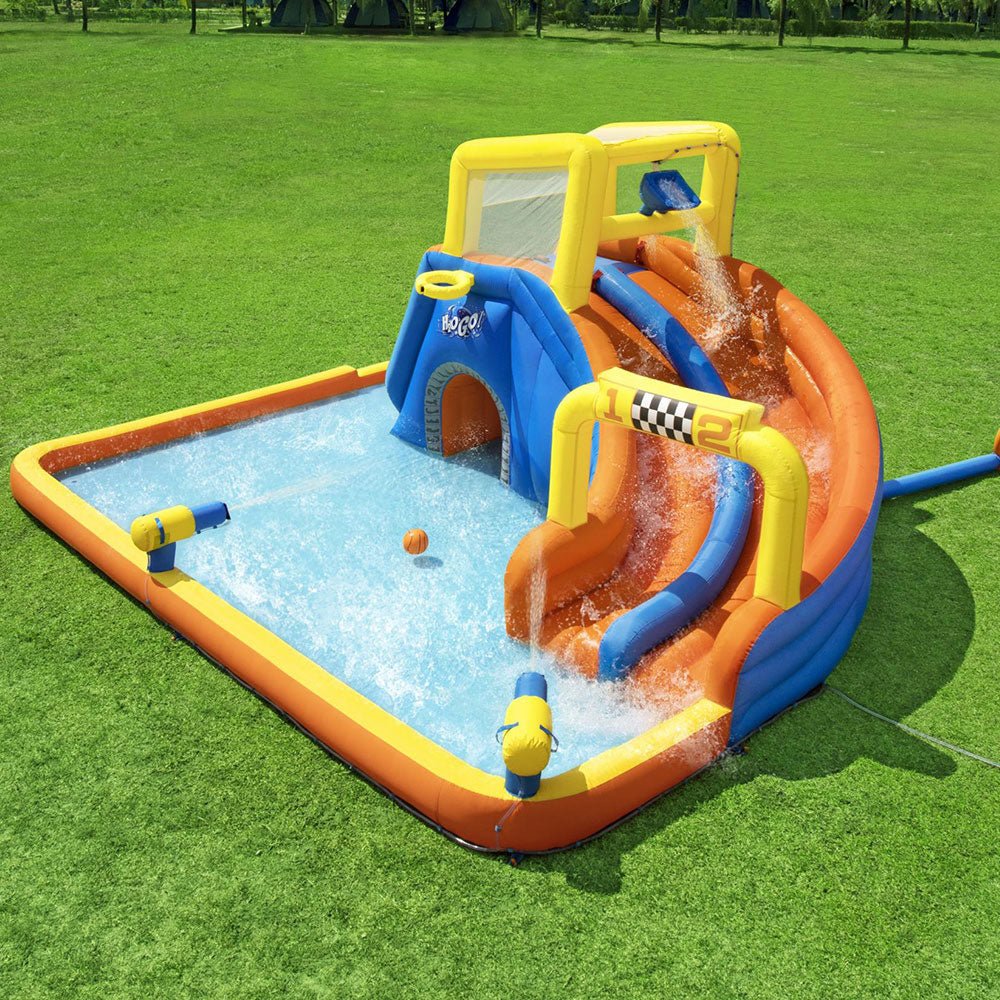 Inflatable Mega Water Park with Slide, Pool, and Splash Course for home fun. Inflatable Mega Water Park with Slide, Pool, and Splash Course for home fun.