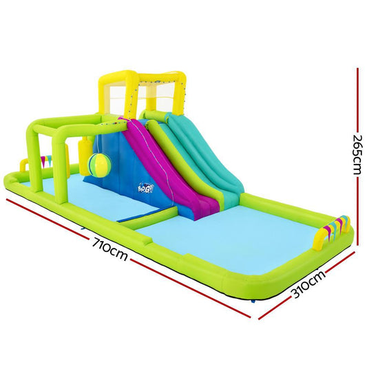 Kids inflatable water park with splash course, slides, and pool for backyard fun.