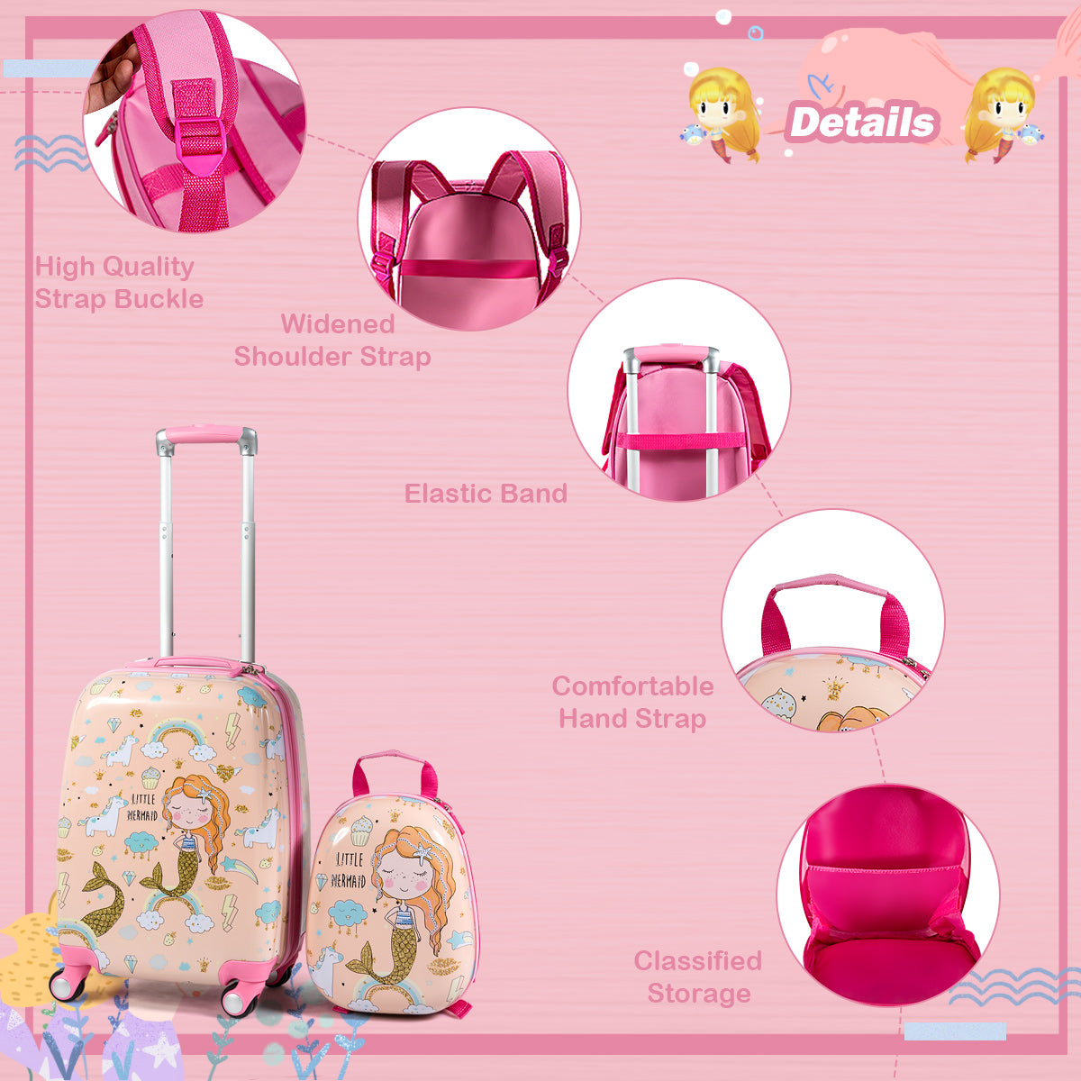 Mermaid-themed kids luggage set with suitcase and backpack combo for travel essentials. Mermaid-themed kids luggage set with suitcase and backpack combo for travel essentials.