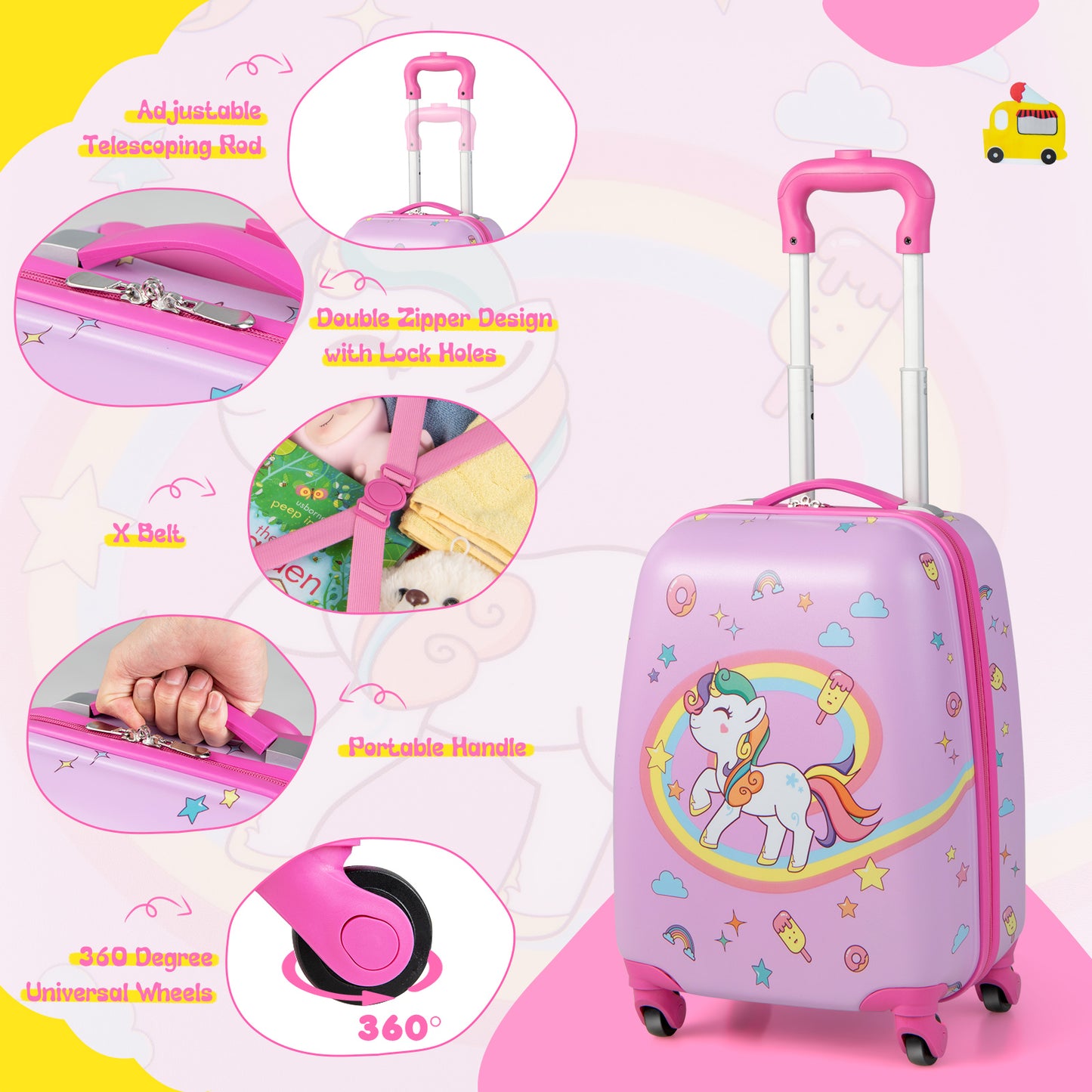 Pink 2-Piece Kids Luggage Set with Spinner Wheels - Carry-On for travel-ready kids. Pink 2-Piece Kids Luggage Set with Spinner Wheels - Carry-On for travel-ready kids.