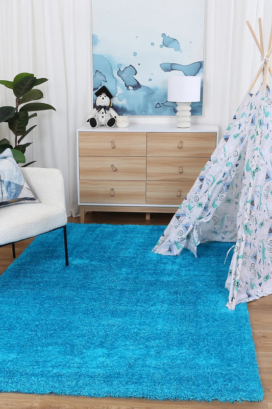 Brendon Teal Shaggy Rug | Soft shag texture, vibrant teal color - perfect for kids playroom.