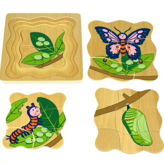 4-layer puzzle board showcasing butterfly lifecycle for interactive learning and play at home.