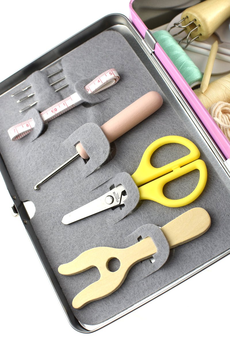 Childrens knitting kit with calming colors and imaginative possibilities for creative play at home. Childrens knitting kit with calming colors and imaginative possibilities for creative play at home.