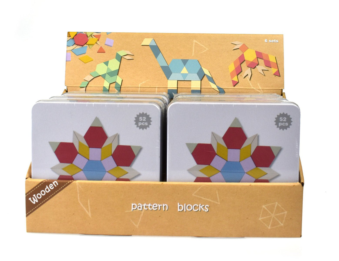 Kaper Kidz Wooden Pattern Blocks Set - 52-Piece Creative Play in Tin Box