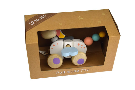 Pull-along unicorn toy, promoting calm play for children at home.