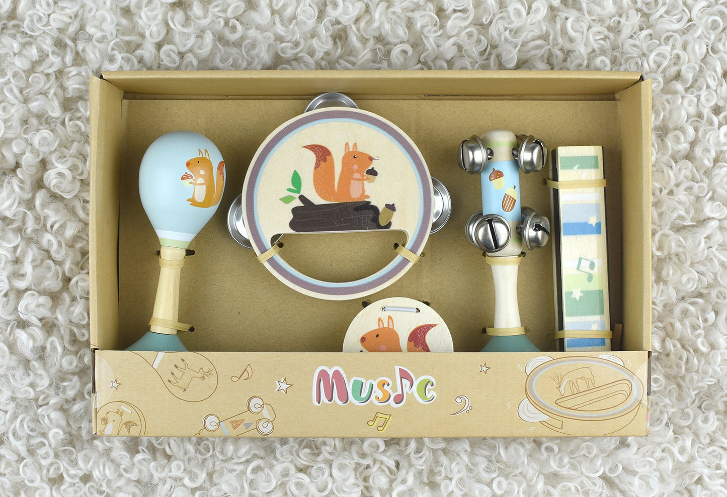 Wooden 5-piece musical set featuring a squirrel design for imaginative play and musical exploration. Wooden 5-piece musical set featuring a squirrel design for imaginative play and musical exploration.