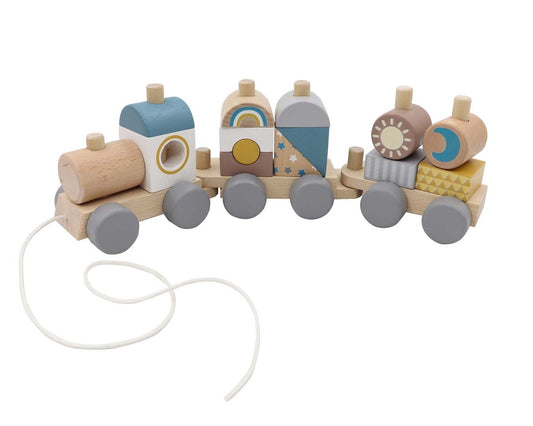 Colorful stacking block train toy for kids, promoting motor skills and creative play at home.