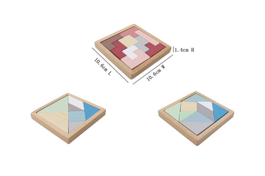 Colorful brainteaser puzzle set featuring tangram and tetris designs for engaging childrens cognitive skills.