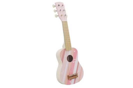 Childrens wooden guitar in tea rose color, promoting calm and playful music exploration.