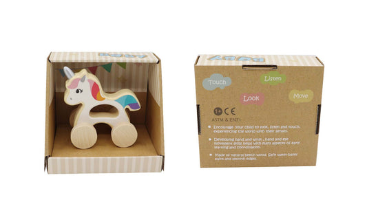 Wooden unicorn car push toy for calm playtime, perfect for kids imaginative adventures.