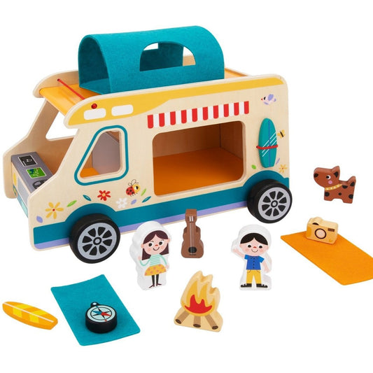 Colorful camping RV caravan playset for imaginative play, perfect for kids indoor adventures.