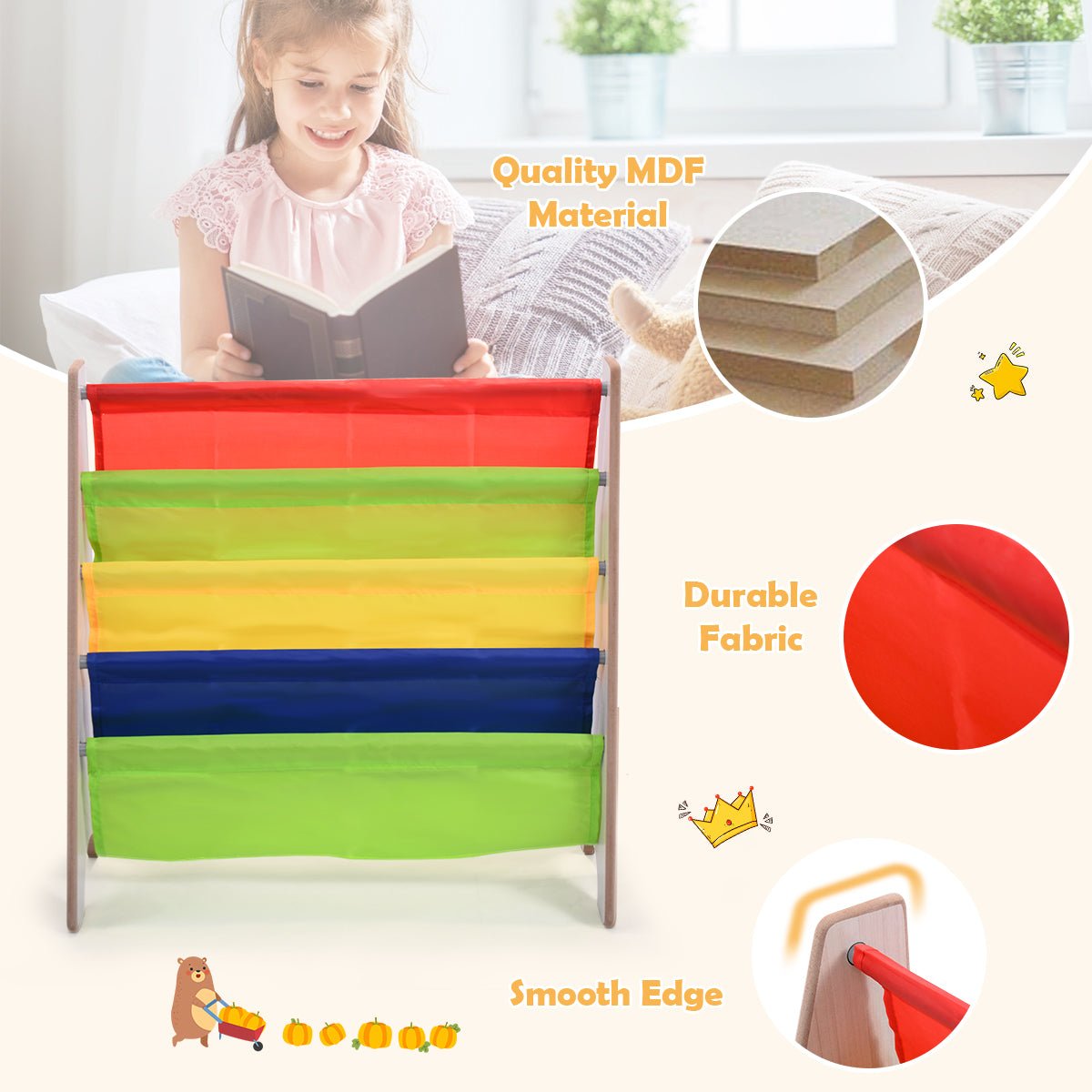 Children's Bookshelf - 4 Compartments for Neat and Easy Book Access